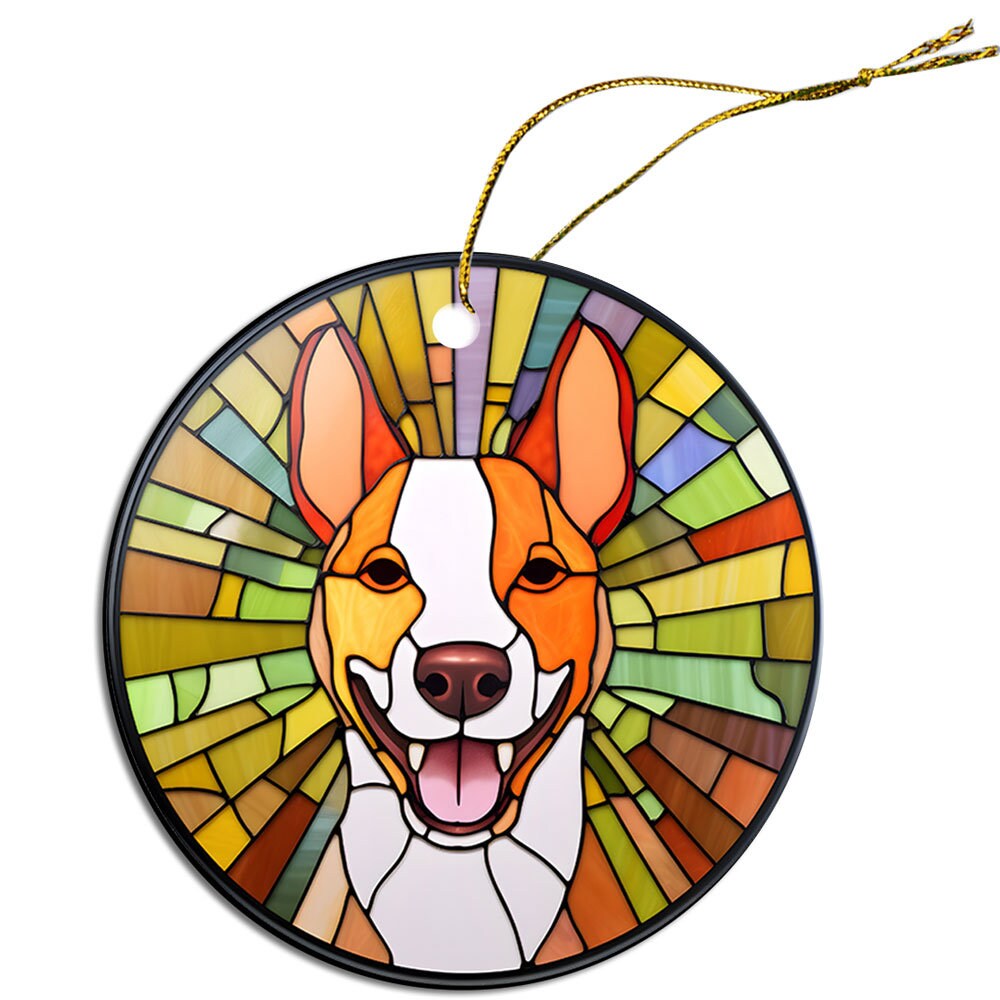 Stained glass style Christmas ornament featuring a Basenji dog breed design, with vibrant colors and an elegant golden string.